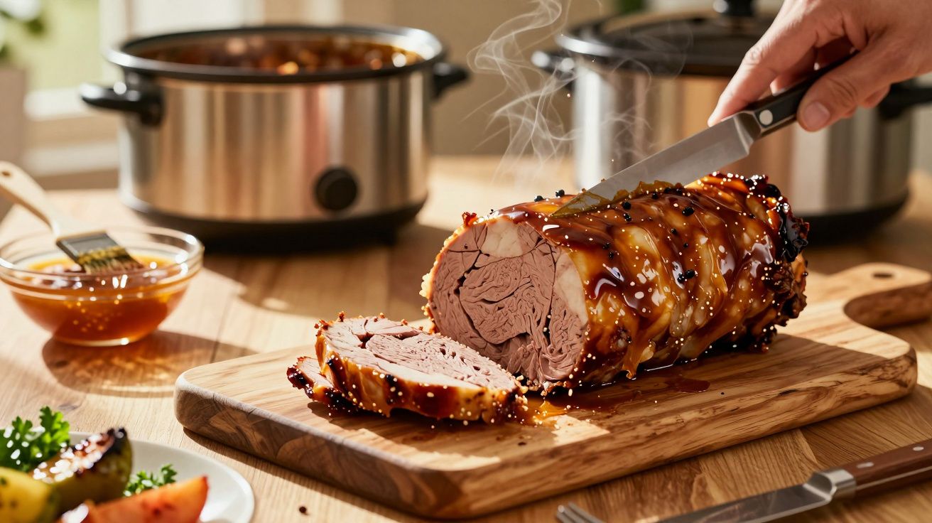 Carne assada com molho e especiarias a ser fatiada numa tábua de madeira numa mesa de cozinha.