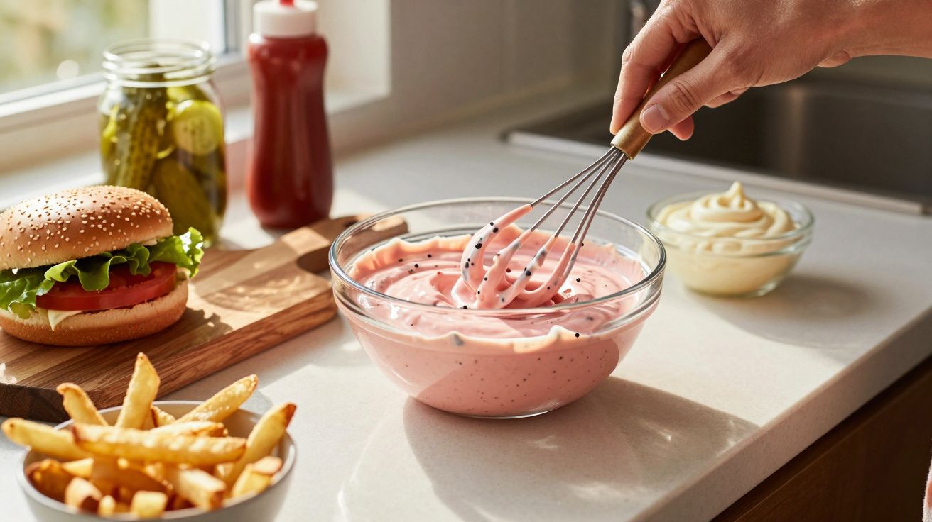 Mão mexe molho rosa numa tigela de vidro com hambúrguer, batatas fritas e outro molho ao fundo.