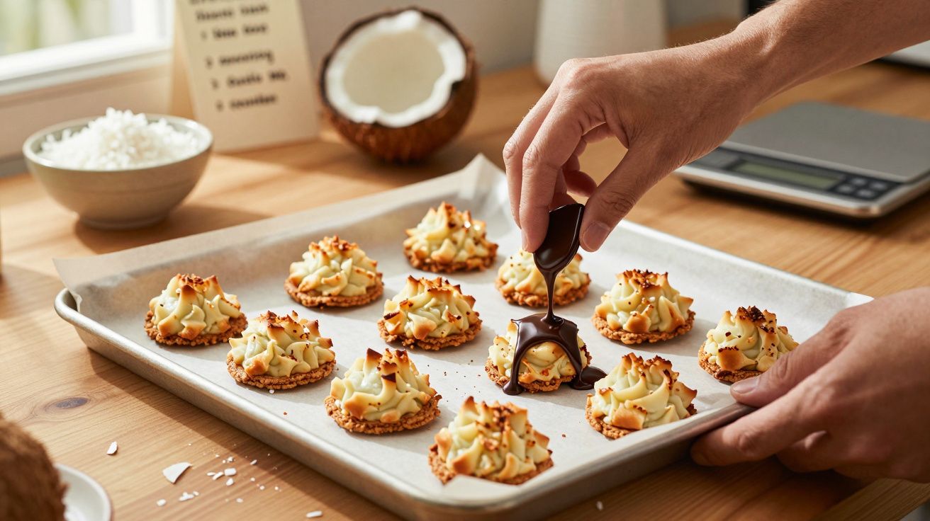 Pessoa a cobrir pequenos bolinhos com chocolate numa bandeja metálica numa superfície de madeira.