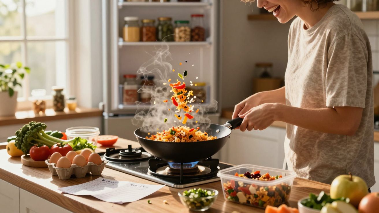 Pessoa a cozinhar vegetais salteados numa cozinha luminosa com fogão a gás e ingredientes frescos à volta.