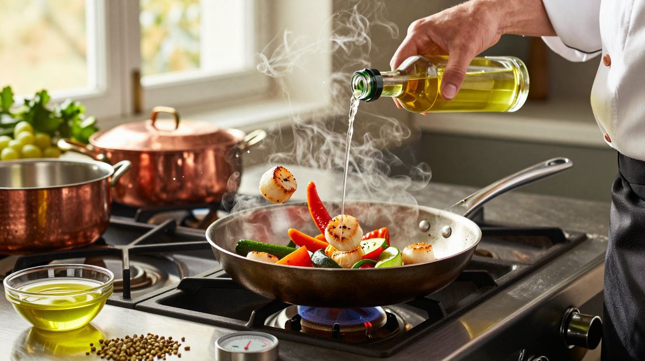 Mãos a cozinhar legumes e vieiras numa frigideira com azeite numa cozinha moderna com tachos de cobre ao fundo.