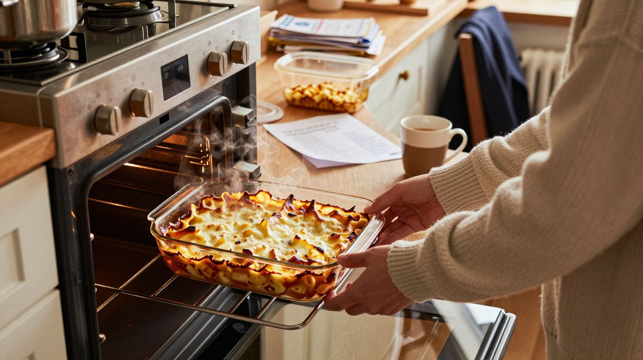 Pessoa a retirar um prato de lasanha fumegante do forno numa cozinha aconchegante.