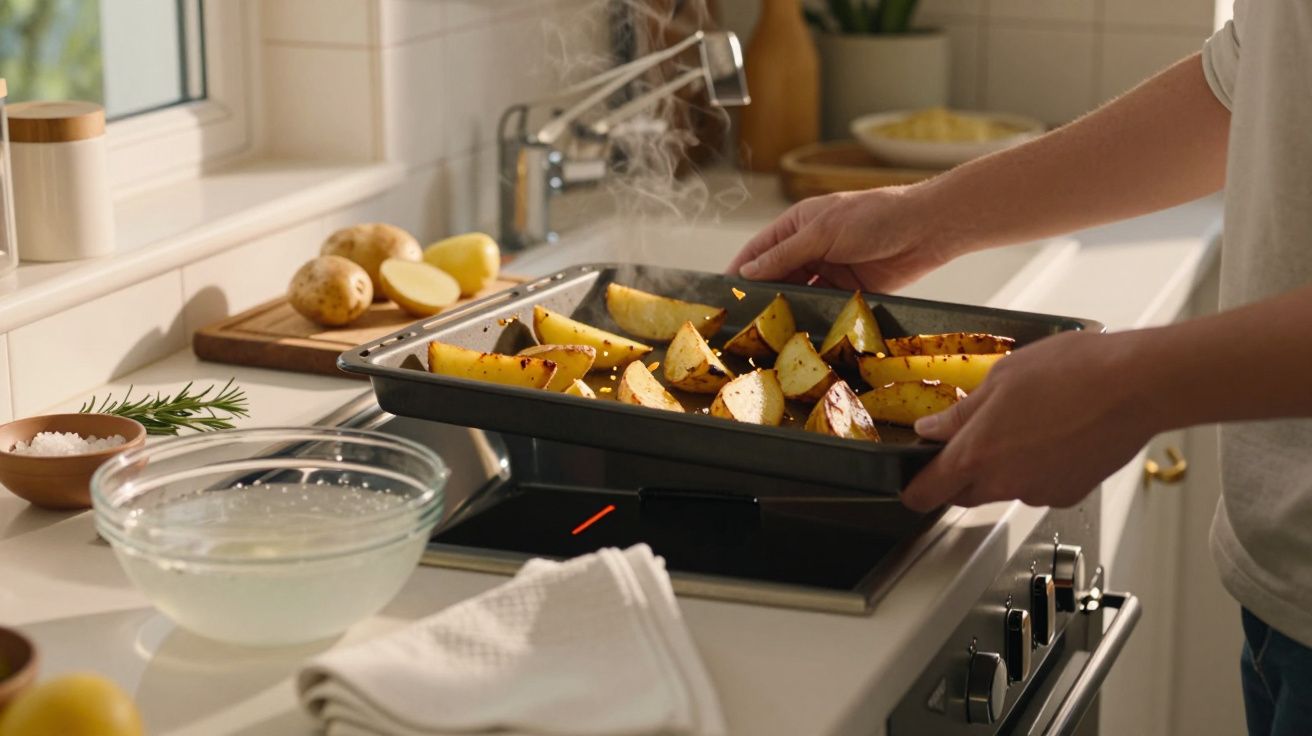 Pessoa a retirar batatas assadas fumegantes do forno numa cozinha com utensílios e ingredientes à volta.