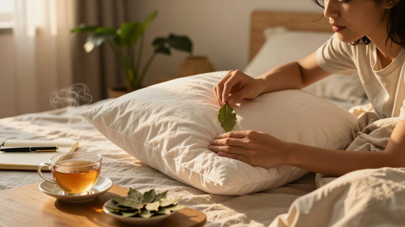 Pessoa a colocar folha numa almofada num quarto iluminado, com chá quente e caderno numa mesa próxima.