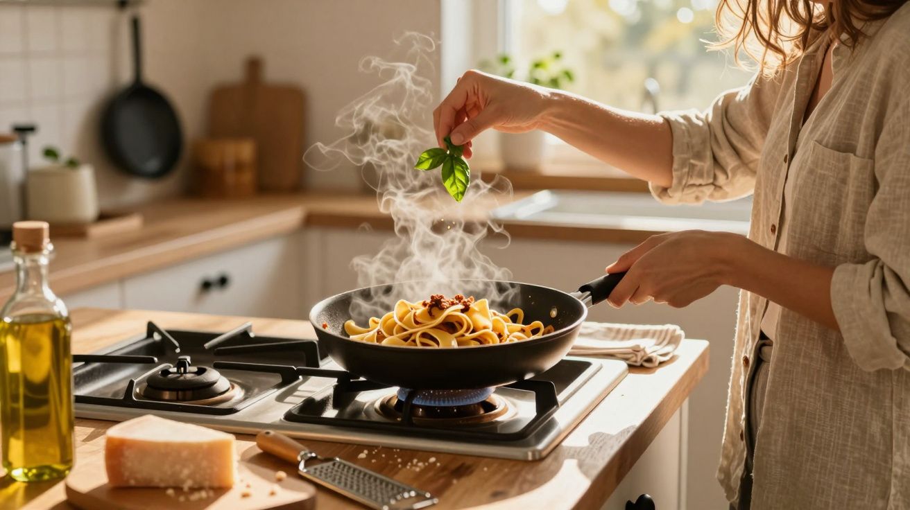 Pessoa a cozinhar massa numa frigideira, adicionando folhas frescas de manjericão numa cozinha iluminada.