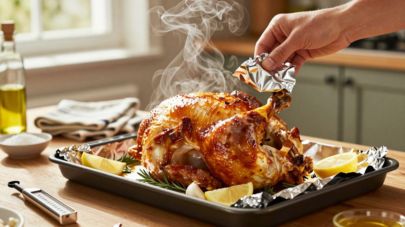 Frango assado na travessa com limão, alecrim e mão a retirar papel de alumínio da perna.