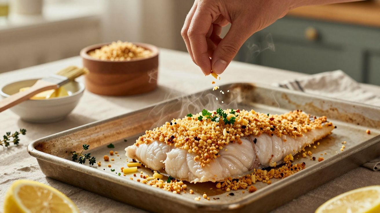 Peixe no tabuleiro a ser polvilhado com ervas e especiarias, com limão e manteiga ao lado.