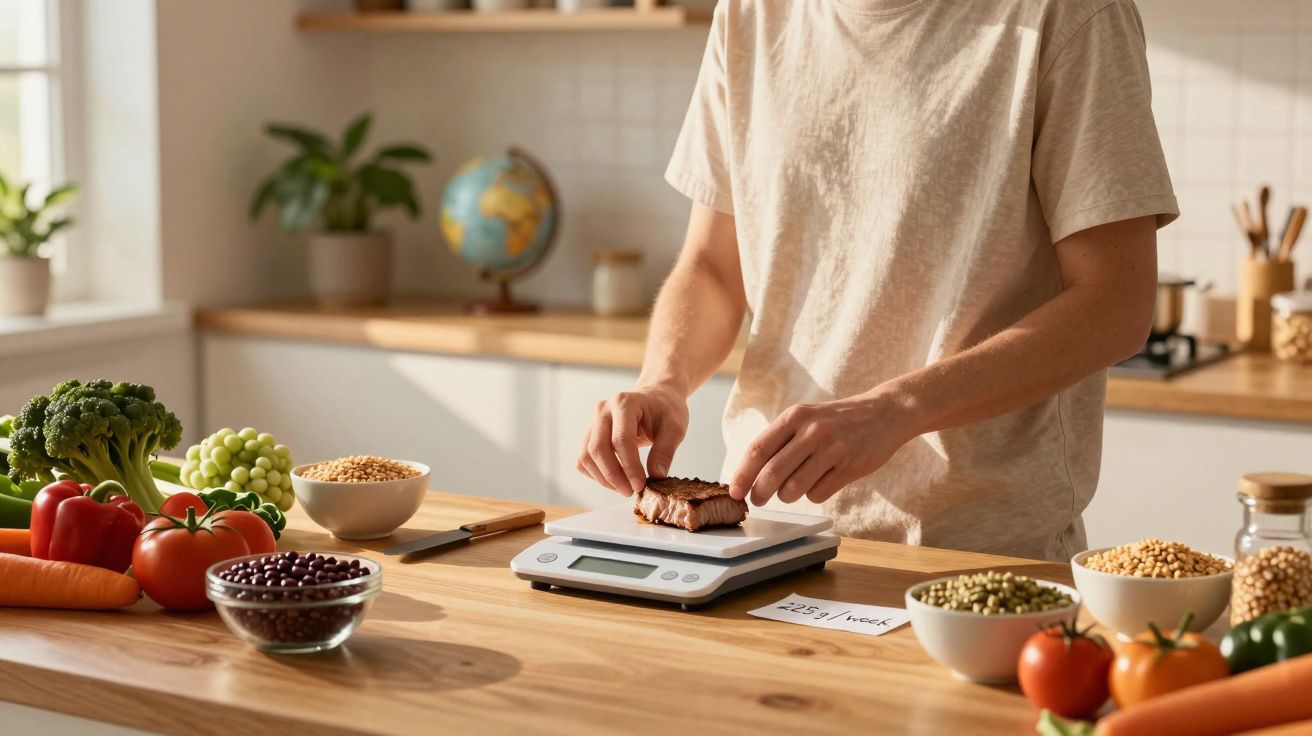 Pessoa a pesar carne numa balança digital numa cozinha com vários legumes e vegetais frescos.