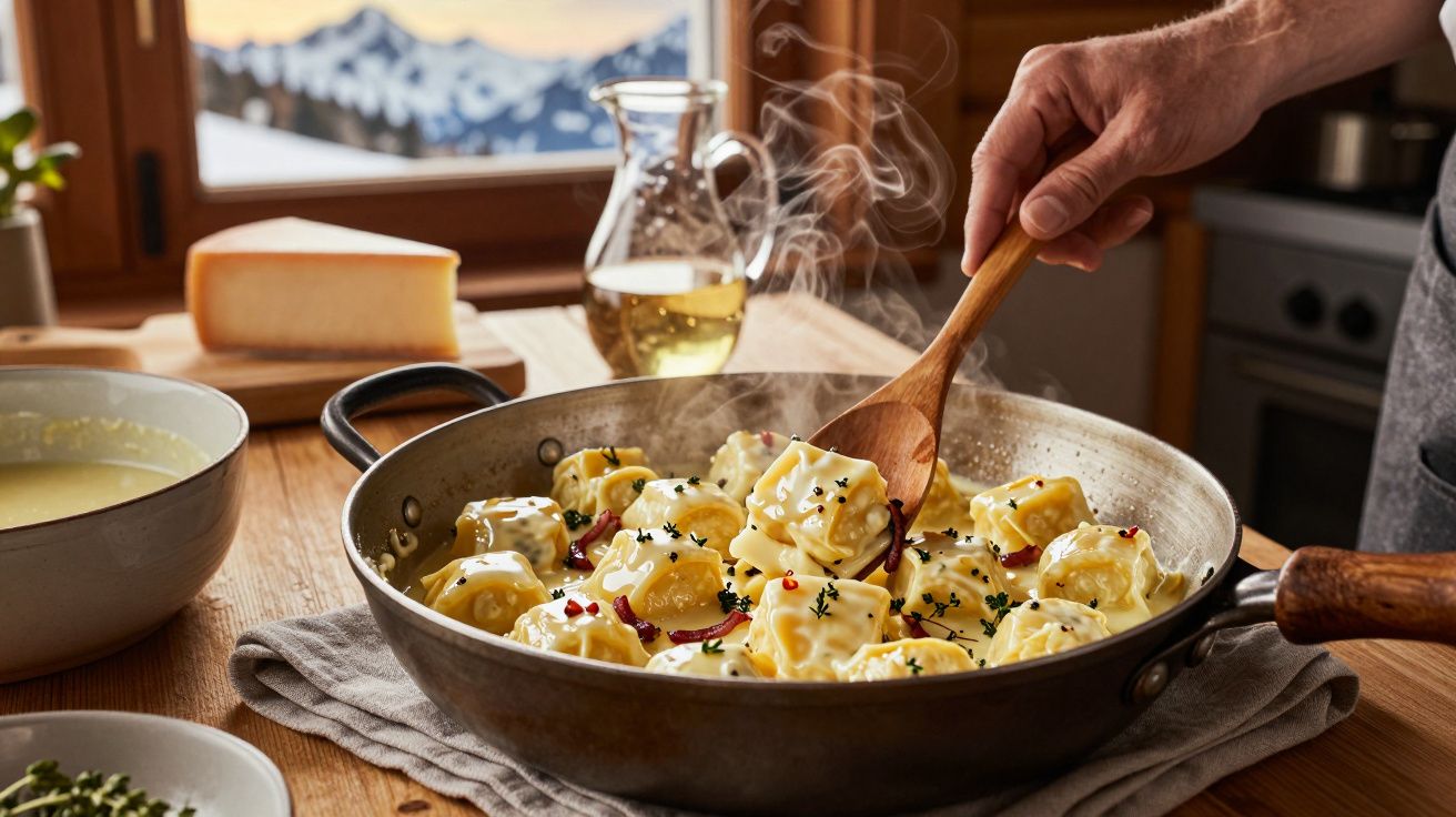 Panela com nhoques cremosos temperados com ervas e pimenta, sendo mexidos com colher de madeira.