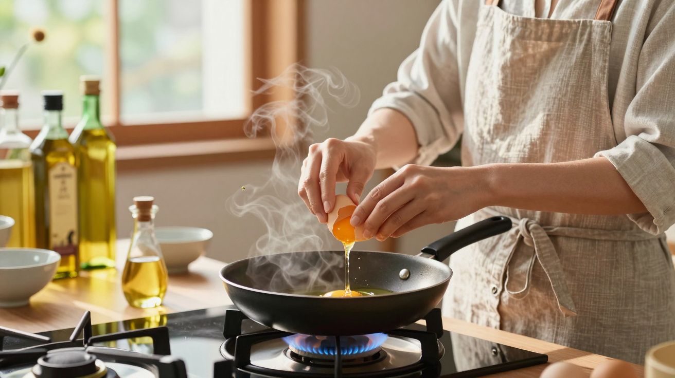 Pessoa a partir um ovo para frigideira quente num fogão de gás numa cozinha luminosa.