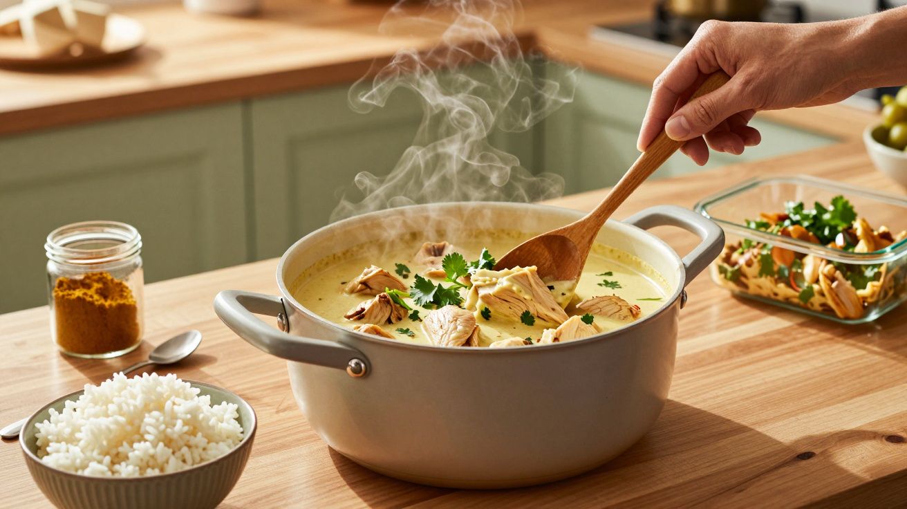 Mãos a mexer sopa cremosa com pedaços de frango e coentros numa panela, acompanhado de arroz branco.