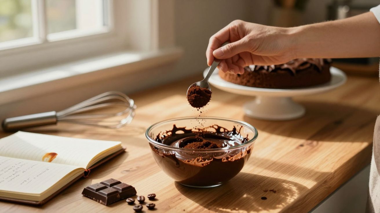 Mão a adicionar cacau em pó ao chocolate derretido numa taça, com bolo e ingredientes sobre a mesa de madeira.