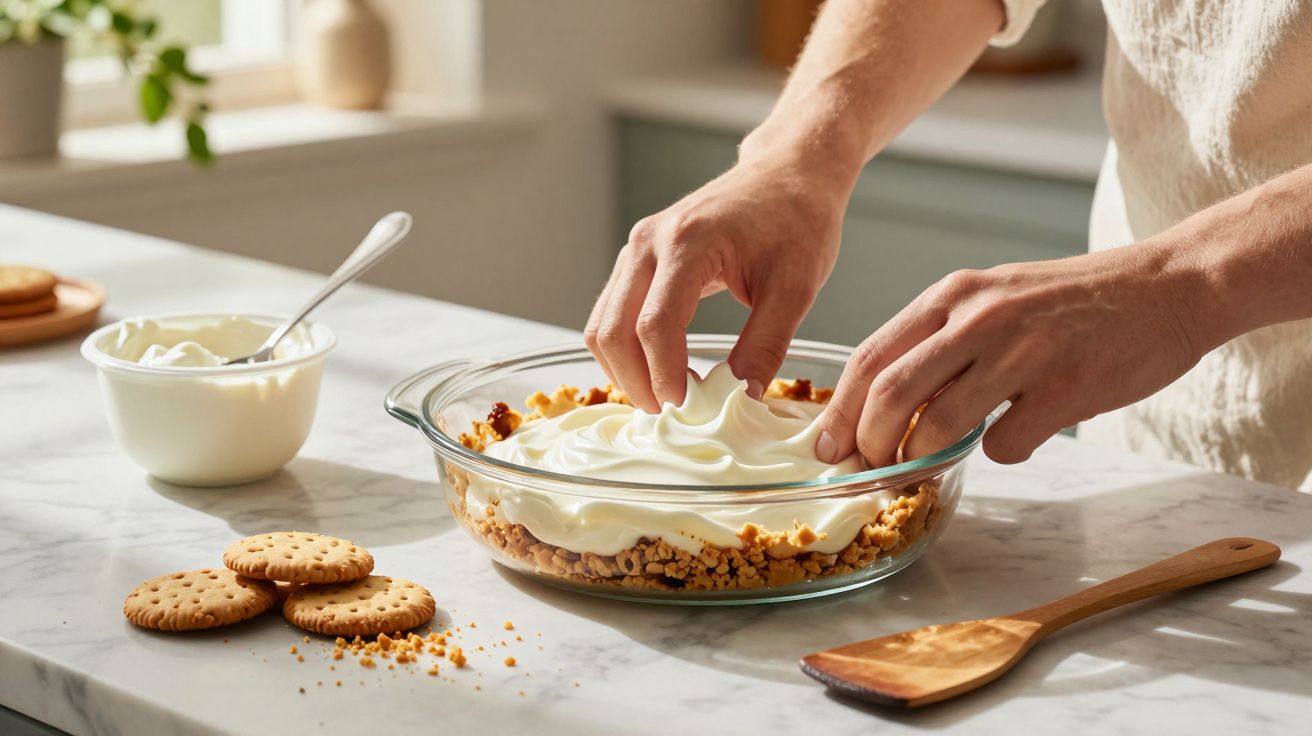 Mãos a alisar creme numa base de bolacha esmagada numa taça de vidro numa bancada de cozinha.
