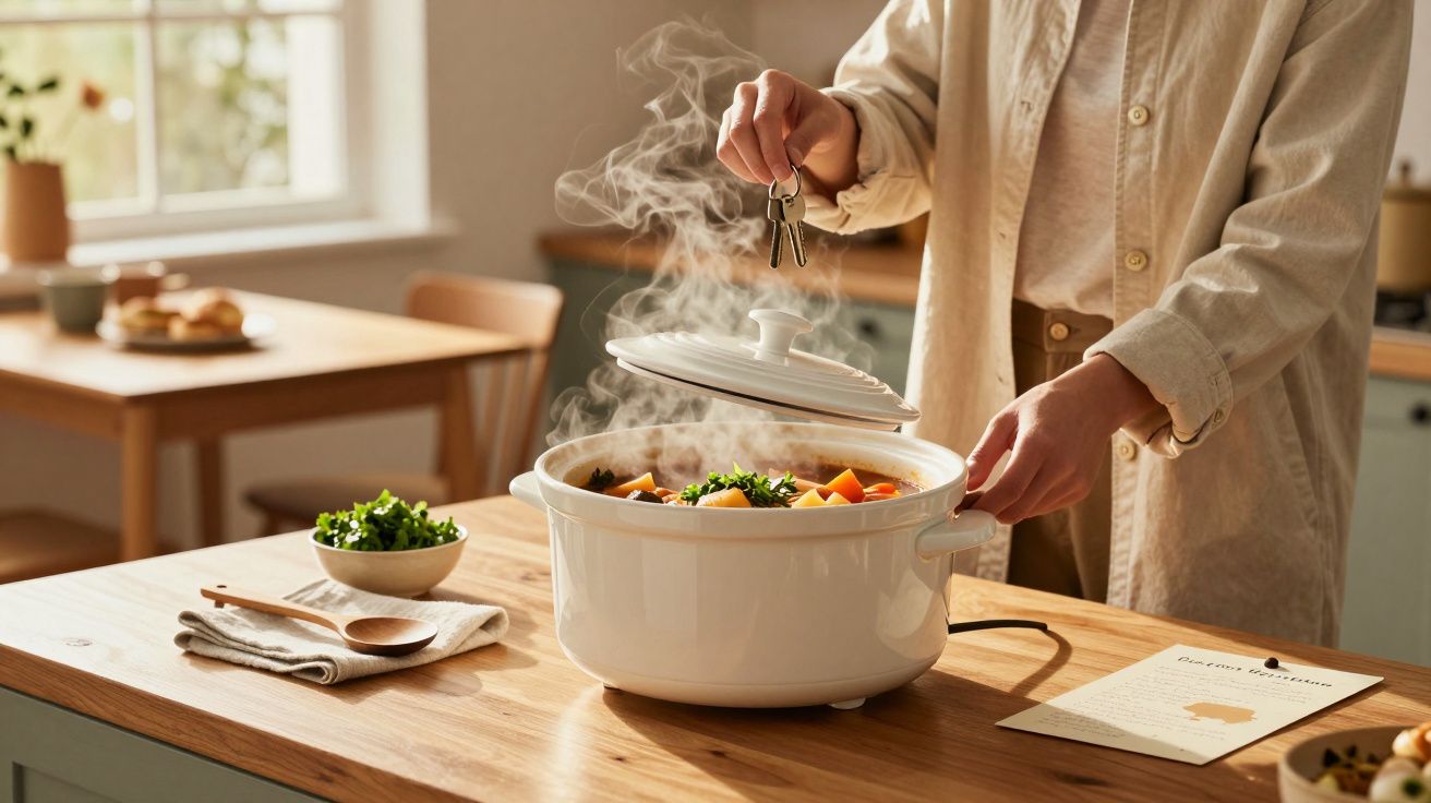 Pessoa segurando chaves e a tampa de panela elétrica com sopa quente a fumegar sobre mesa de madeira.