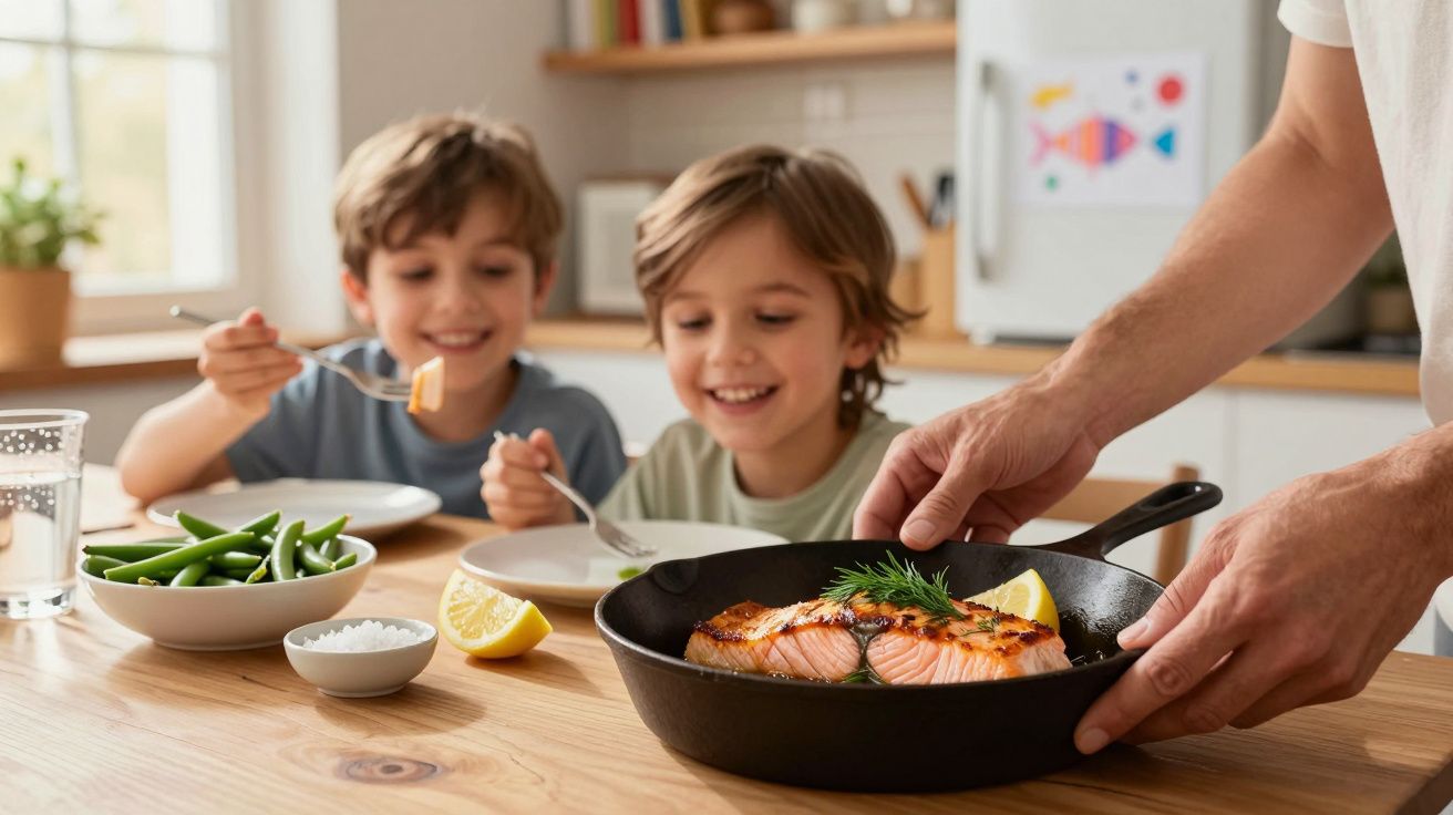 Família prepara-se para comer salmão grelhado com feijão verde à mesa da cozinha.