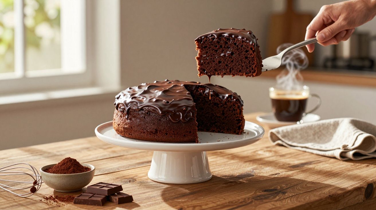 Bolo de chocolate húmido coberto com ganache, com uma fatia a ser servida, numa mesa de madeira com café e cacau.