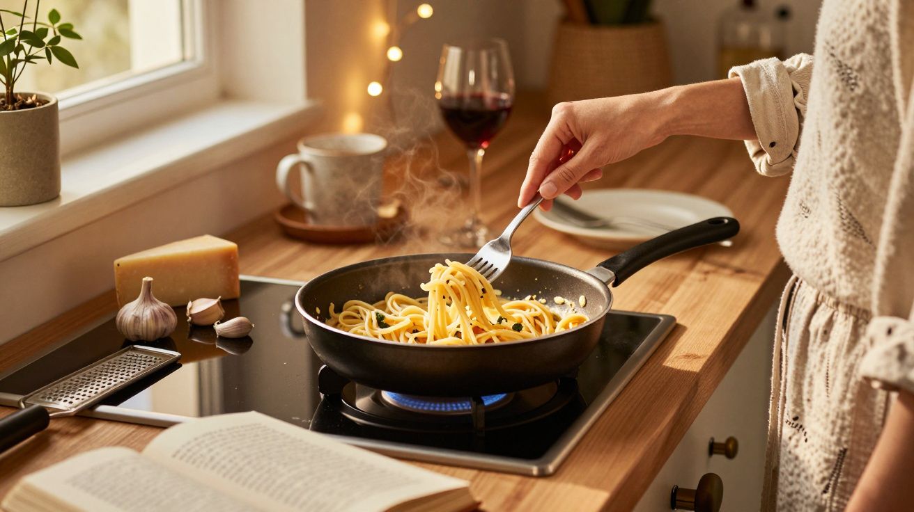 Pessoa a cozinhar esparguete numa frigideira num fogão a gás numa cozinha acolhedora, com livro aberto e vinho tinto.