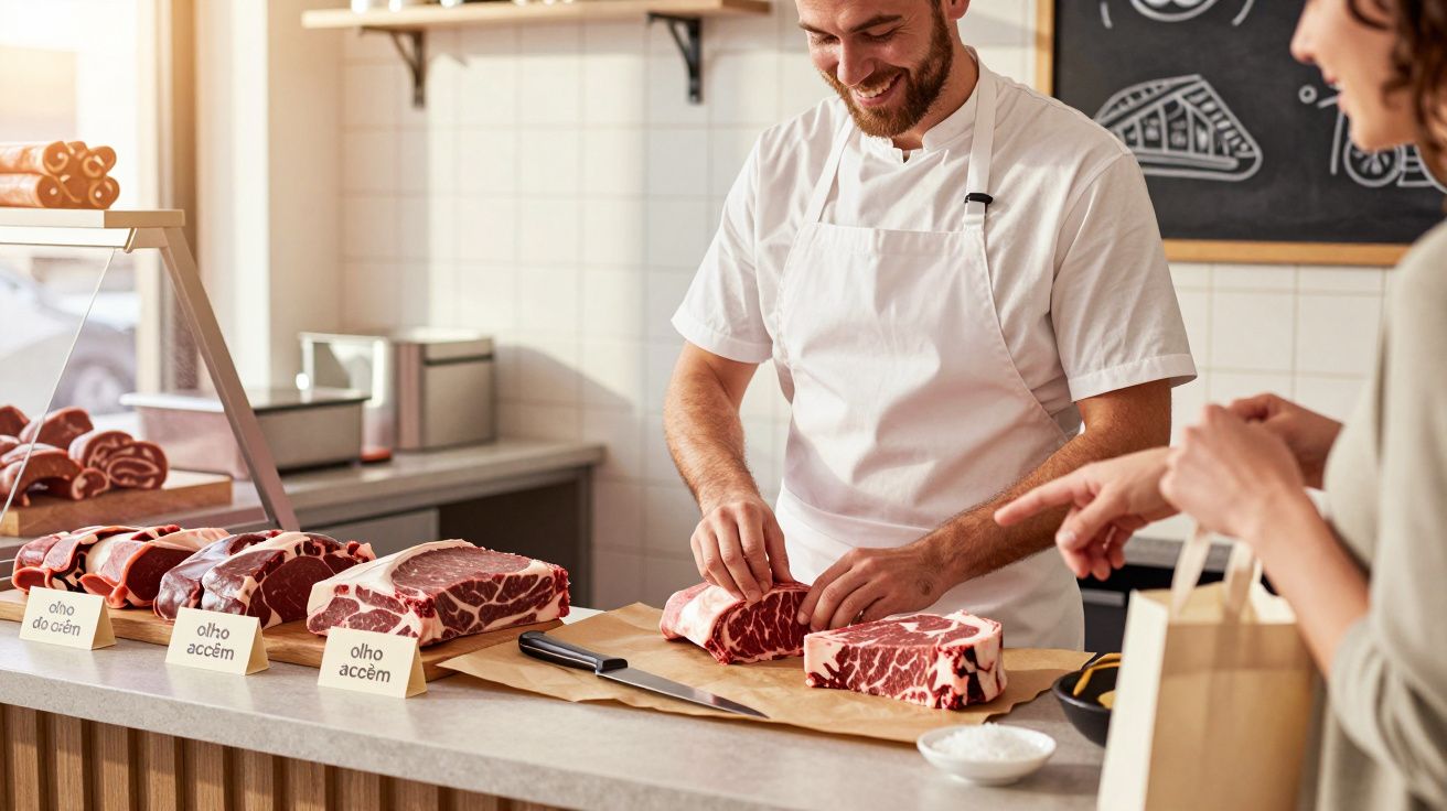 Talhante sorridente a cortar carne na loja enquanto cliente observa e aponta para os cortes expostos.