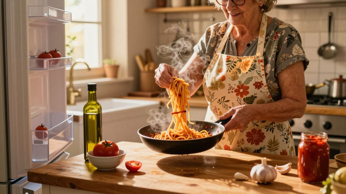 Mulher idosa a cozinhar esparguete num fogão com avental floral numa cozinha luminosa.