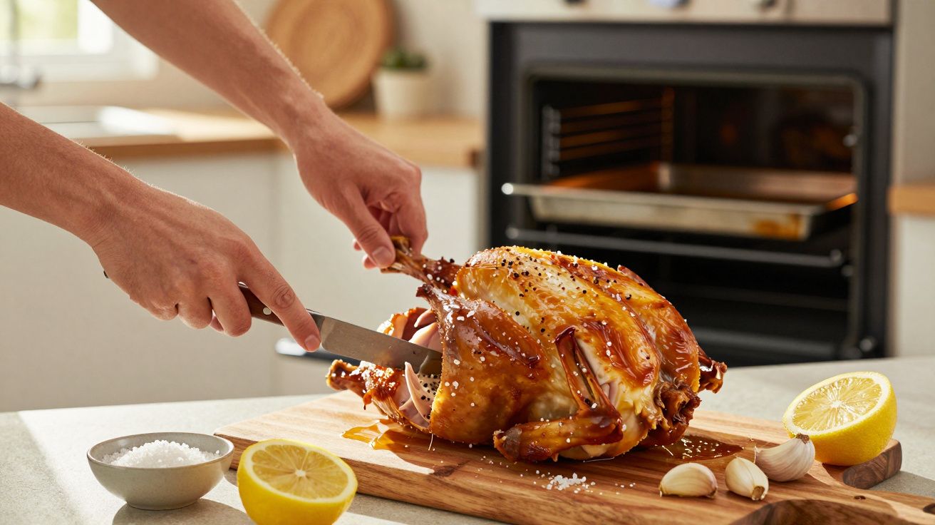Pessoa a cortar um frango assado dourado numa tábua de madeira com limão e alho à volta.