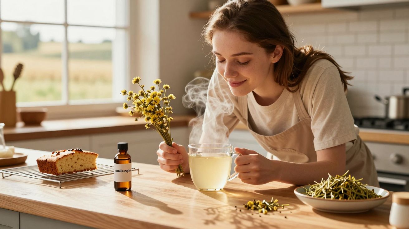Mulher sorri e cheira chá quente de ervas numa cozinha iluminada, segurando flores amarelas frescas.
