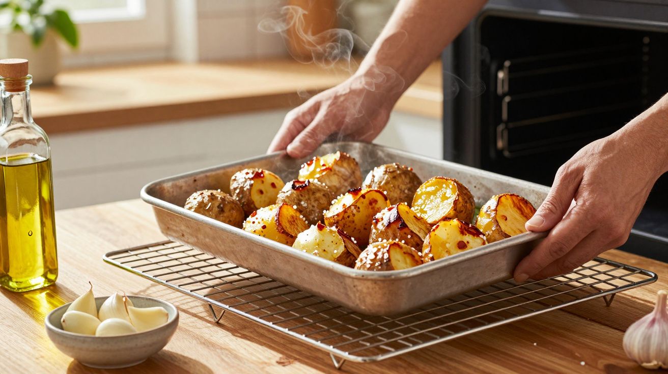 Mãos a retirar tabuleiro com batatas assadas fumegantes do forno numa cozinha ensolarada.