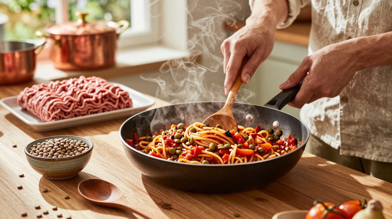 Pessoa mexe massa com legumes e ervilhas numa frigideira enquanto carne picada e leguminosas estão sobre a mesa.