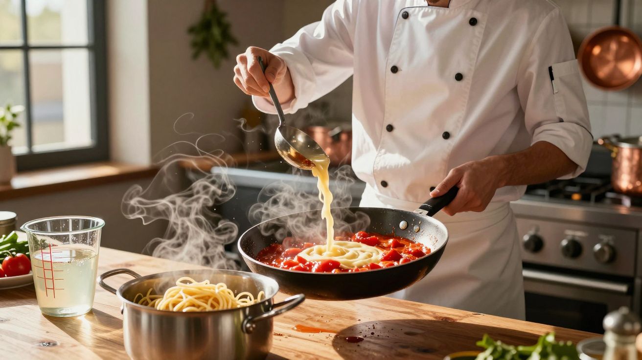 Chef a verter esparguete em molho de tomate numa frigideira numa cozinha acolhedora e iluminada por luz natural.