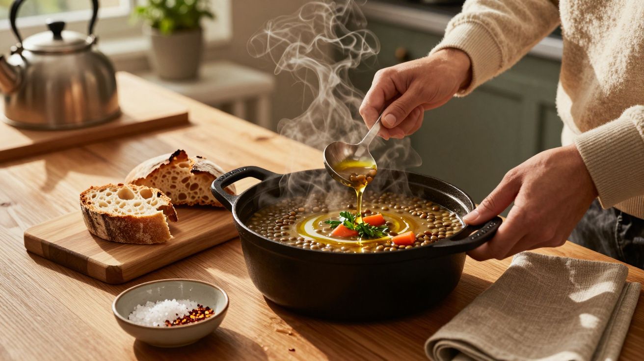 Pessoa a temperar uma sopa quente de lentilhas com legumes, ao lado de pão e sal numa cozinha acolhedora.