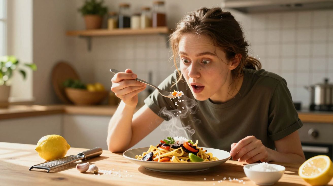 Mulher surpreendida adiciona sal a prato fumegante de esparguete com legumes numa cozinha luminosa.