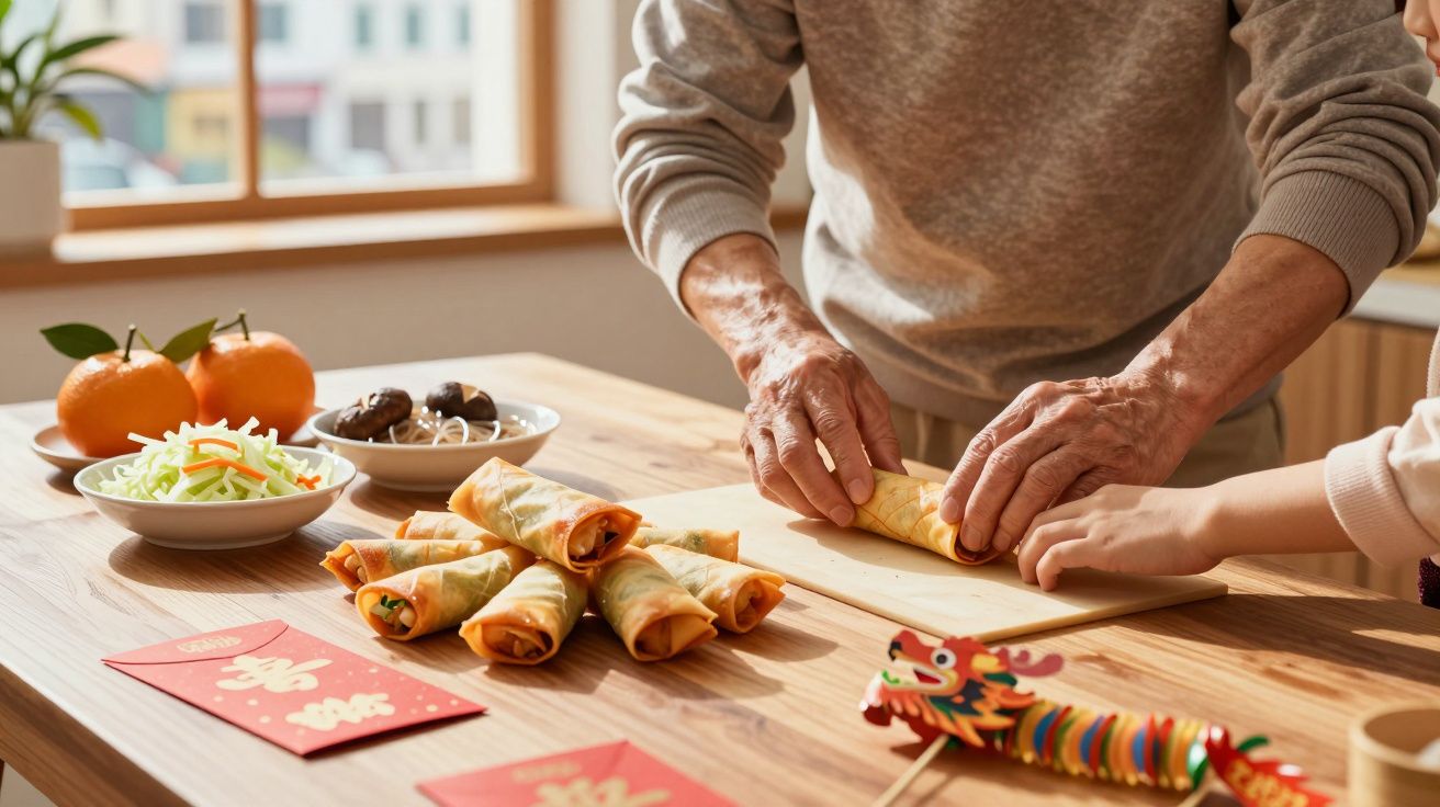 Mãos de idosos e criança a preparar rolinhos primavera numa cozinha com frutas e envelopes vermelhos.