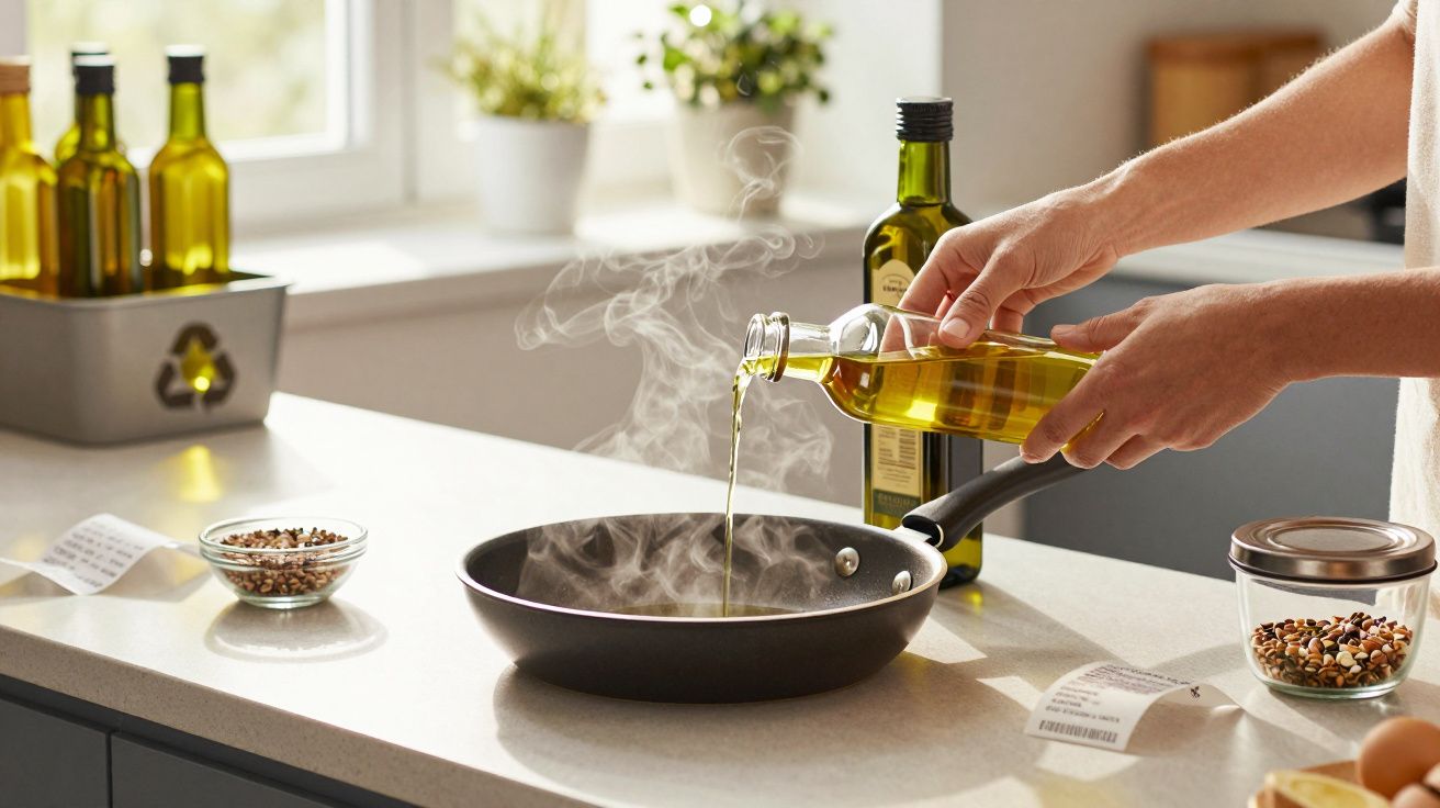 Pessoa a verter azeite numa frigideira quente numa cozinha moderna e iluminada.