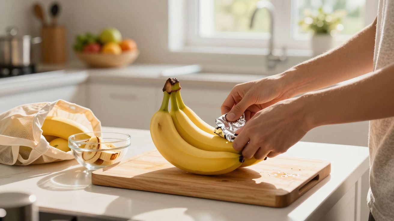 Mãos a embrulhar bananas numa folha de alumínio sobre uma tábua de madeira numa cozinha iluminada.