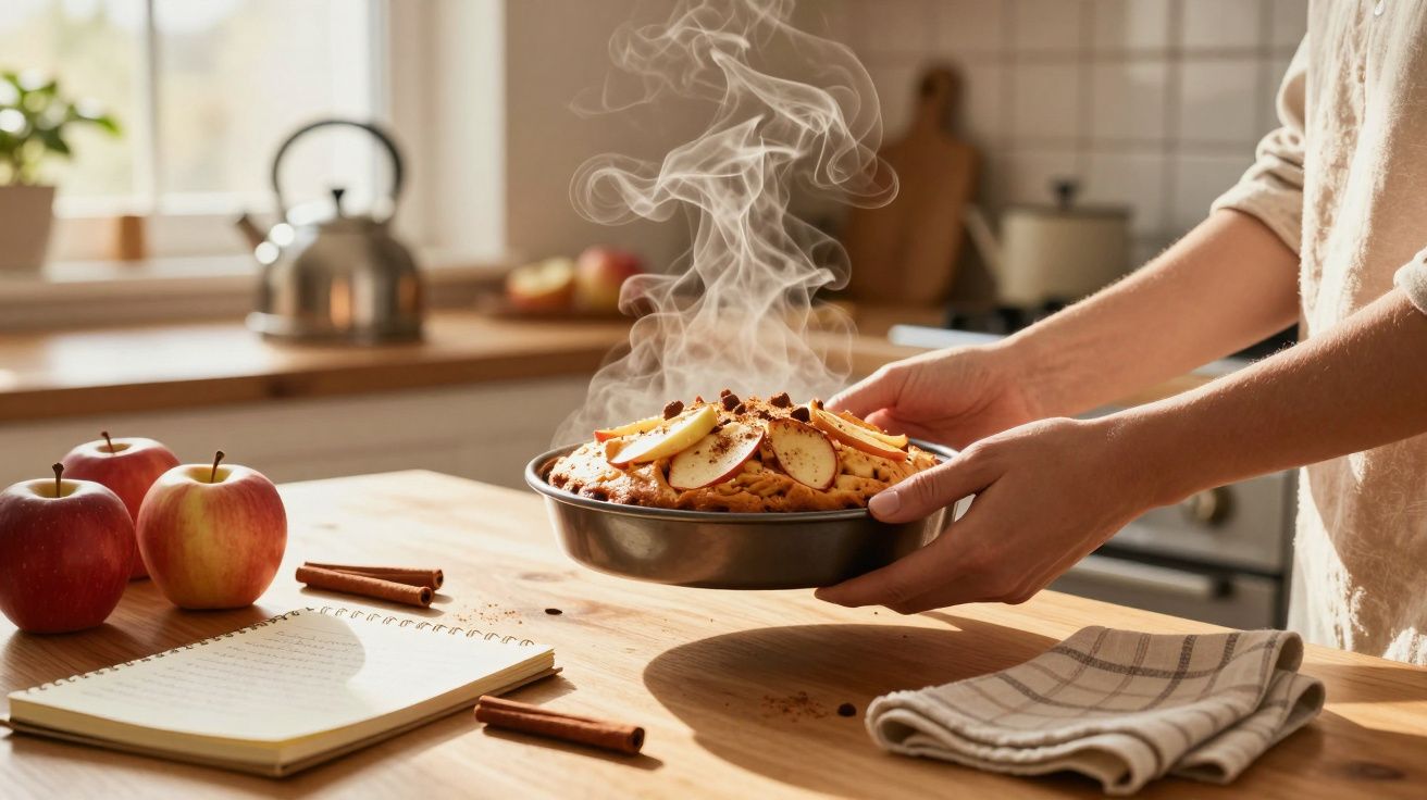 Mãos seguram tarte de maçã quente com vapor, sobre cozinha com maçãs, canela e caderno.