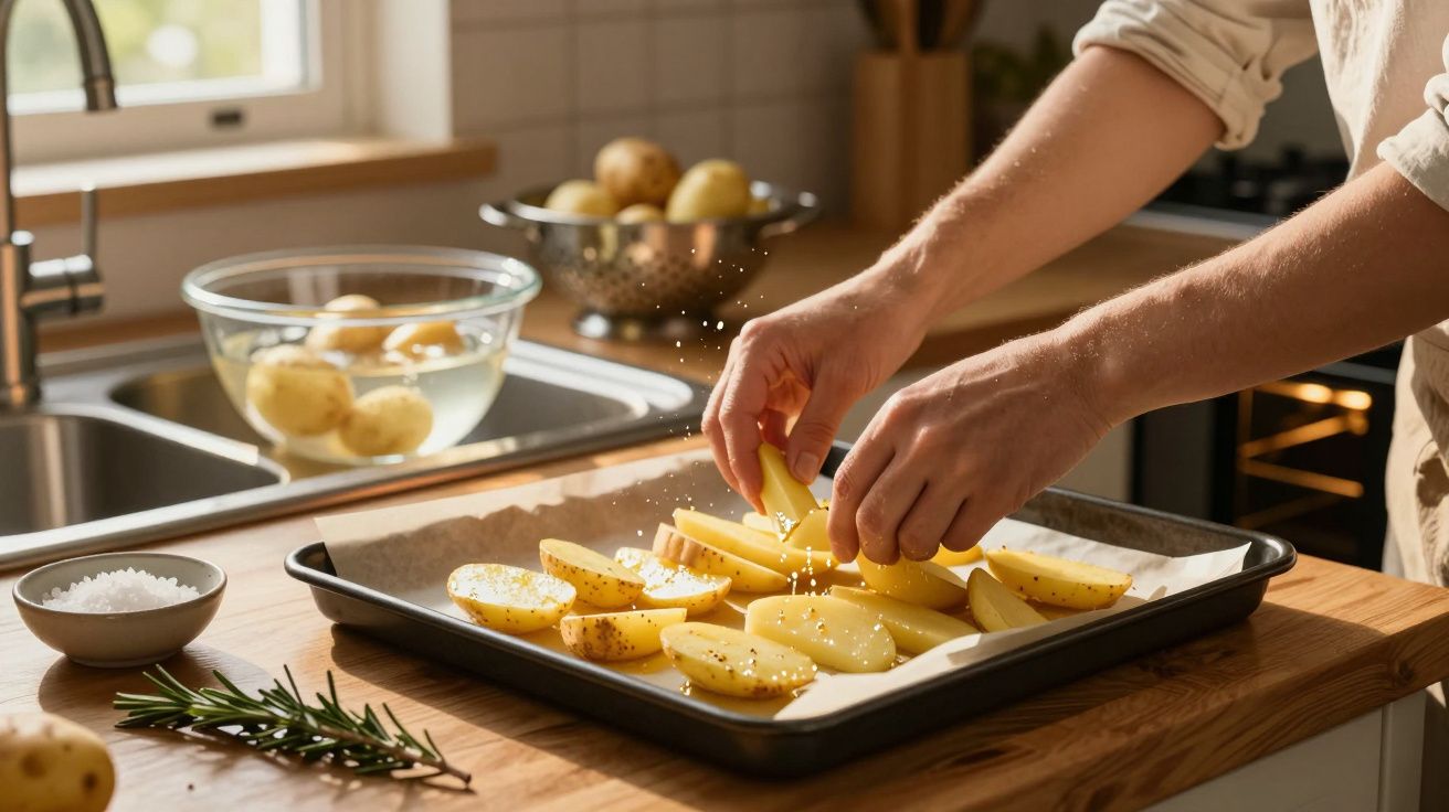 Pessoa a temperar batatas cortadas em quatro num tabuleiro de forno numa cozinha iluminada.