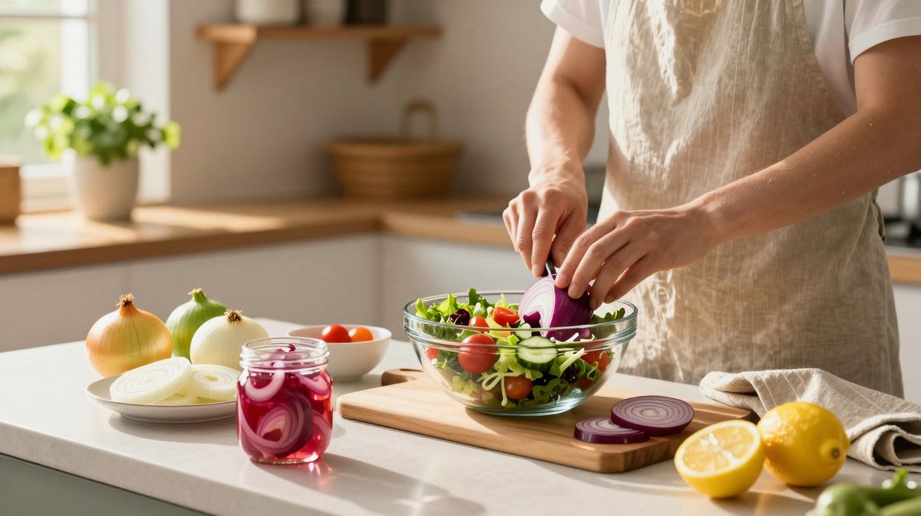 Pessoa a cortar cebola roxa para salada numa cozinha moderna com limões e tomate cereja.