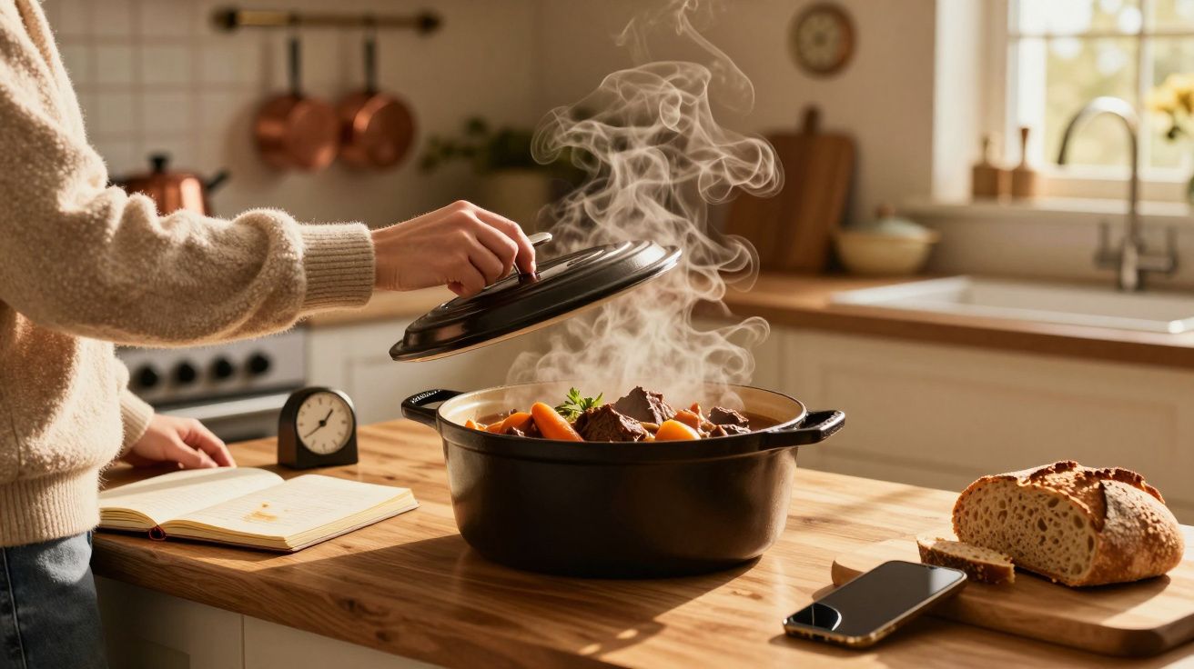 Pessoa a levantar a tampa de um tacho a fumegar com cozinhado, pão, telemóvel e caderno numa cozinha.