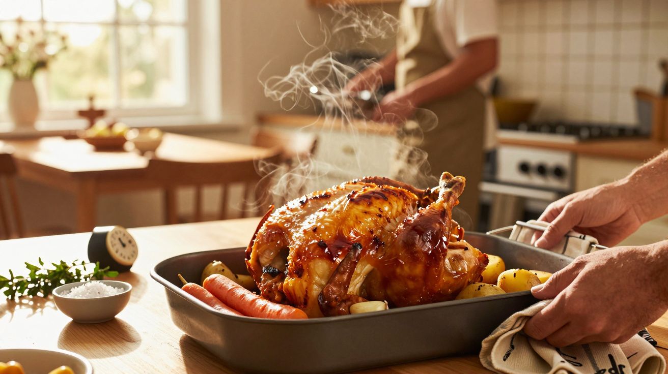 Frango assado quente com batatas e cenouras numa tabuleiro, servido numa cozinha iluminada e acolhedora.