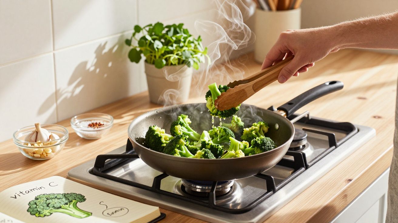 Pessoa a cozinhar brócolos a vapor numa frigideira numa cozinha moderna em madeira clara.