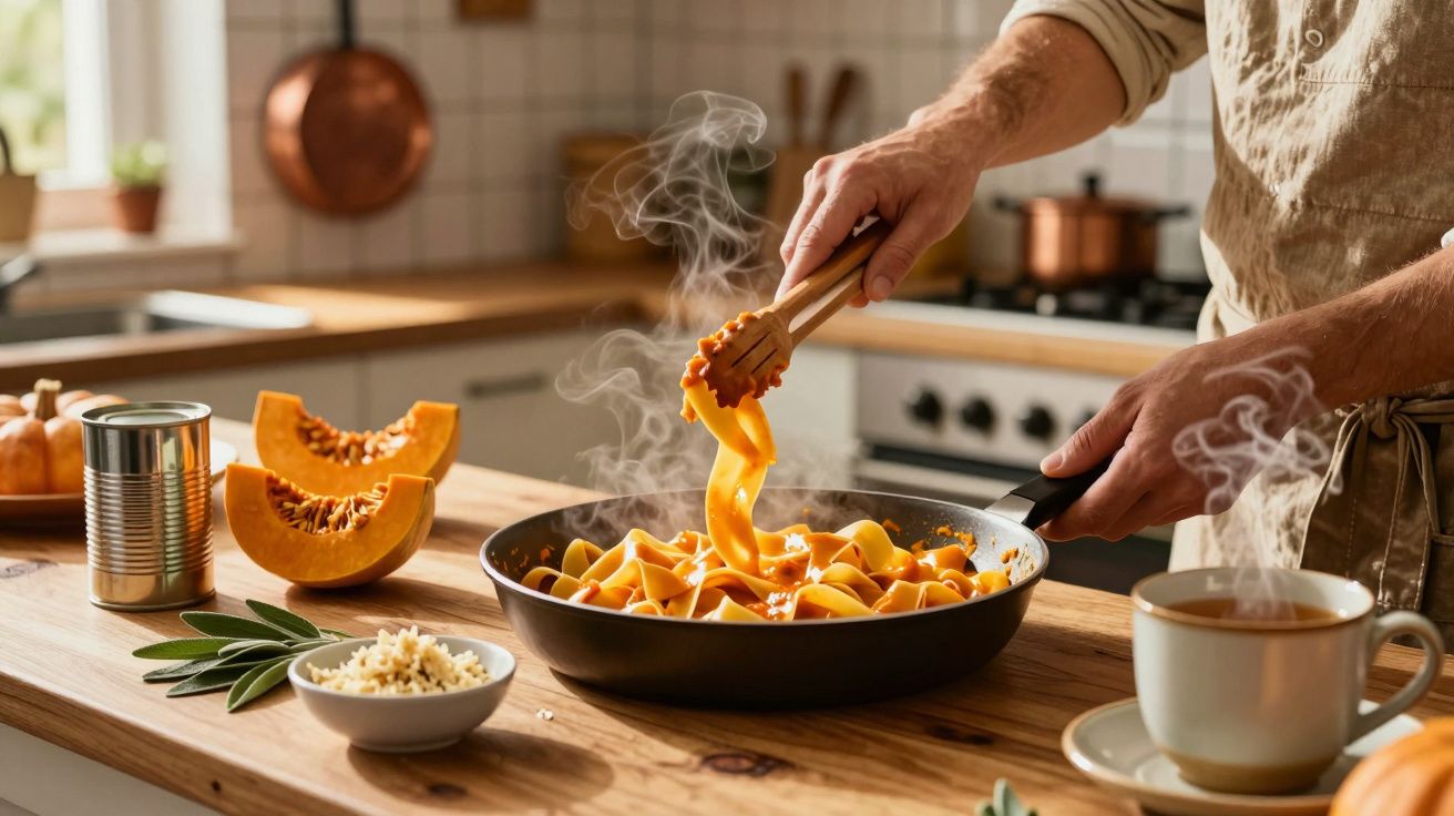 Pessoa a cozinhar massa com molho de abóbora numa frigideira numa cozinha iluminada.