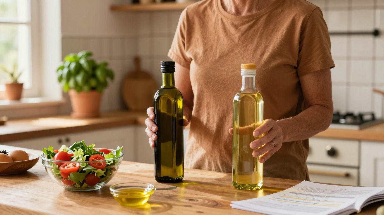 Pessoa a segurar duas garrafas de azeite, próxima a uma tigela com salada e uma bacia com azeite na cozinha.