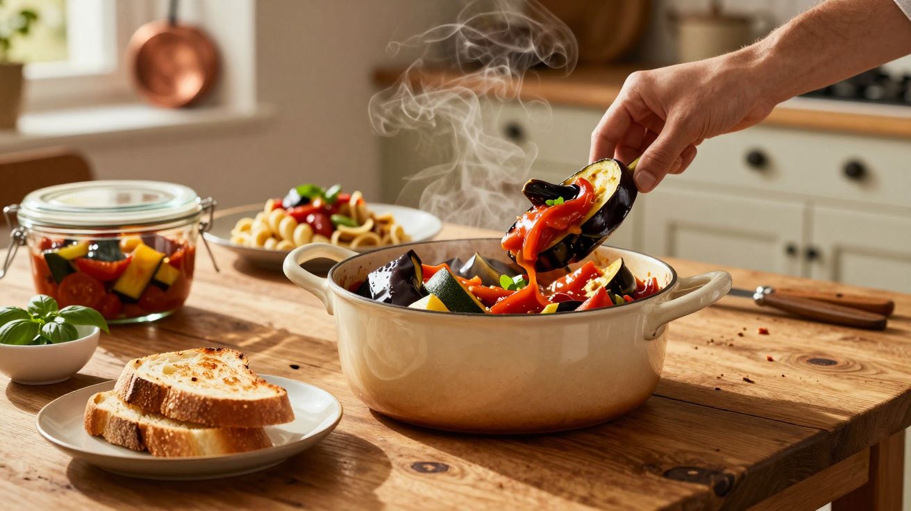 Mão a servir legumes cozinhados numa panela com vapor, fatias de pão e prato de massa numa mesa de madeira.