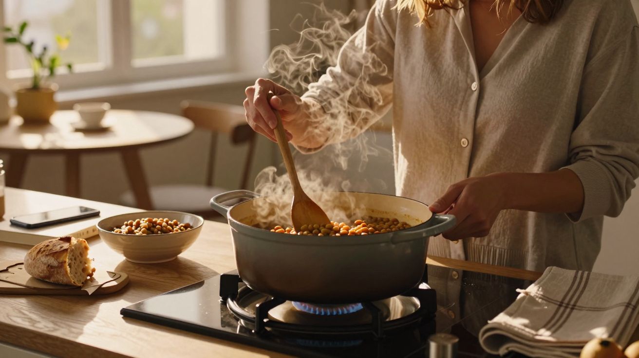 Pessoa a cozinhar grão-de-bico numa panela com vapor numa cozinha iluminada a luz natural.