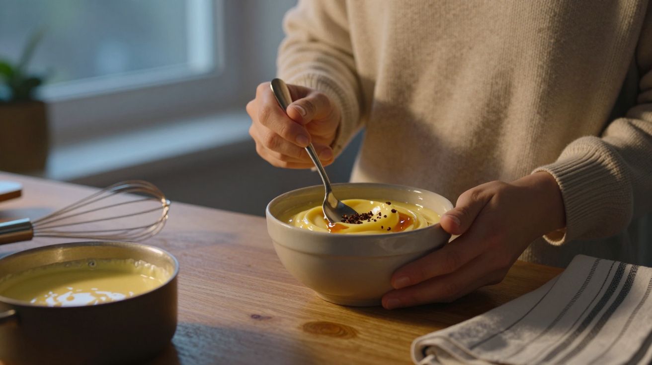 Pessoa mexe creme amarelo numa taça branca numa mesa de madeira com batedor e toalha próximas.