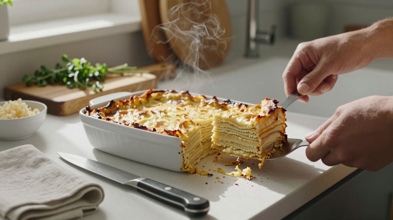 Mãos a servir uma porção fumegante de lasanha com várias camadas numa travessa branca de cozinha luminosa.