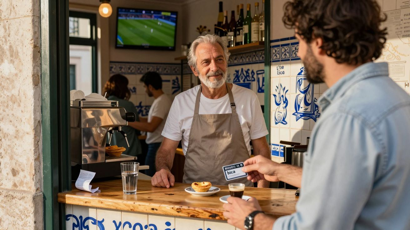 Homem a pagar com cartão num café tradicional com pastel de nata, atendido por empregado idoso e sorridente.