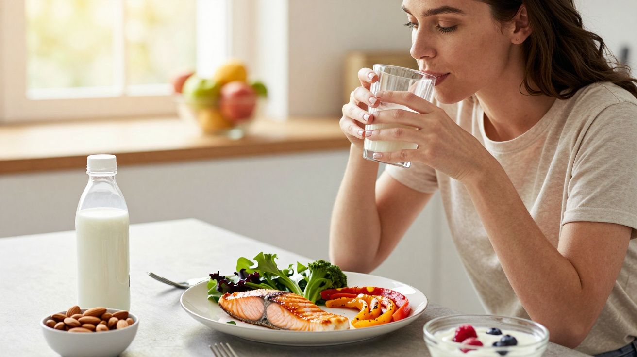 Mulher a beber leite com prato de salmão grelhado, legumes e salada, amêndoas e iogurte com frutos vermelhos na mesa.