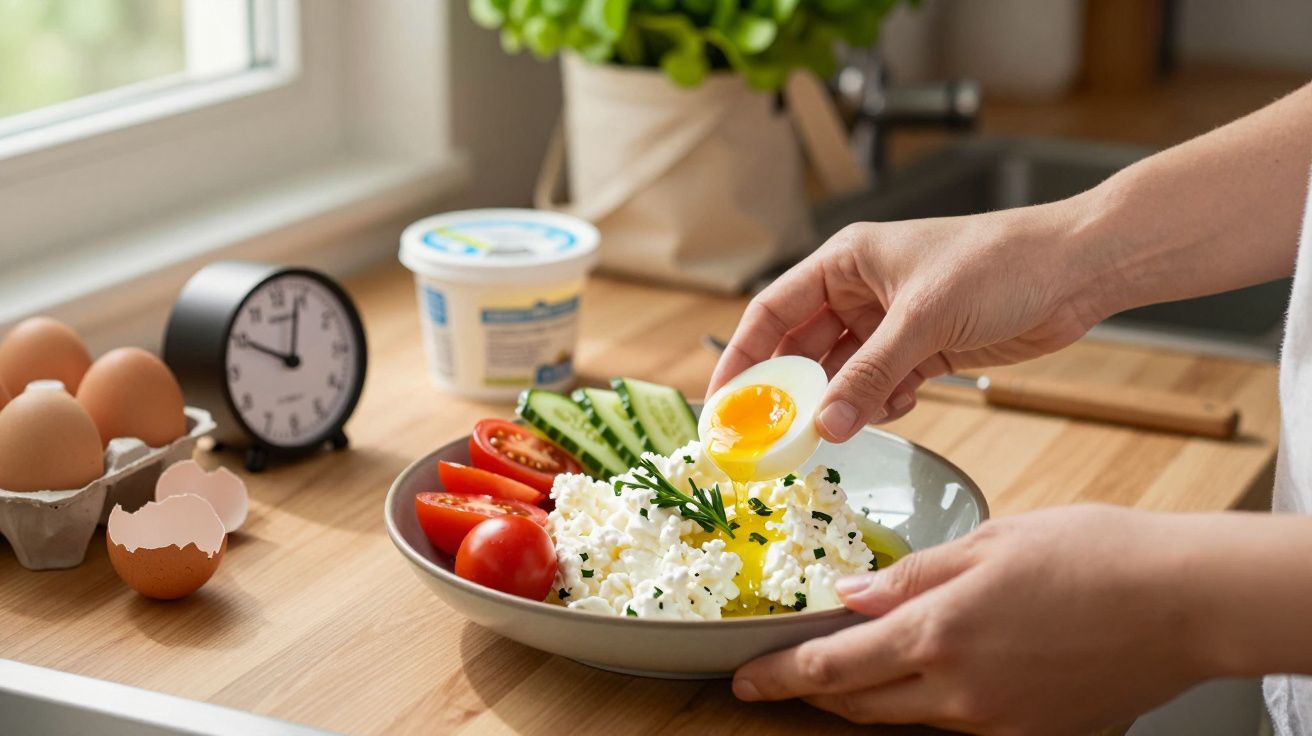 Prato com ovos, tomate, pepino e queijo cottage, mãos a partir ovo cozido por cima, relógio e ovos numa bancada.