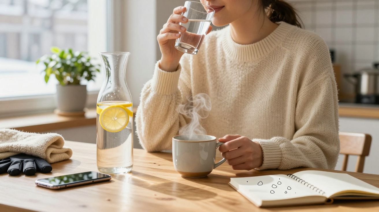 Pessoa a beber água e a segurar uma chávena quente numa cozinha com jarro de água e caderno aberto na mesa.