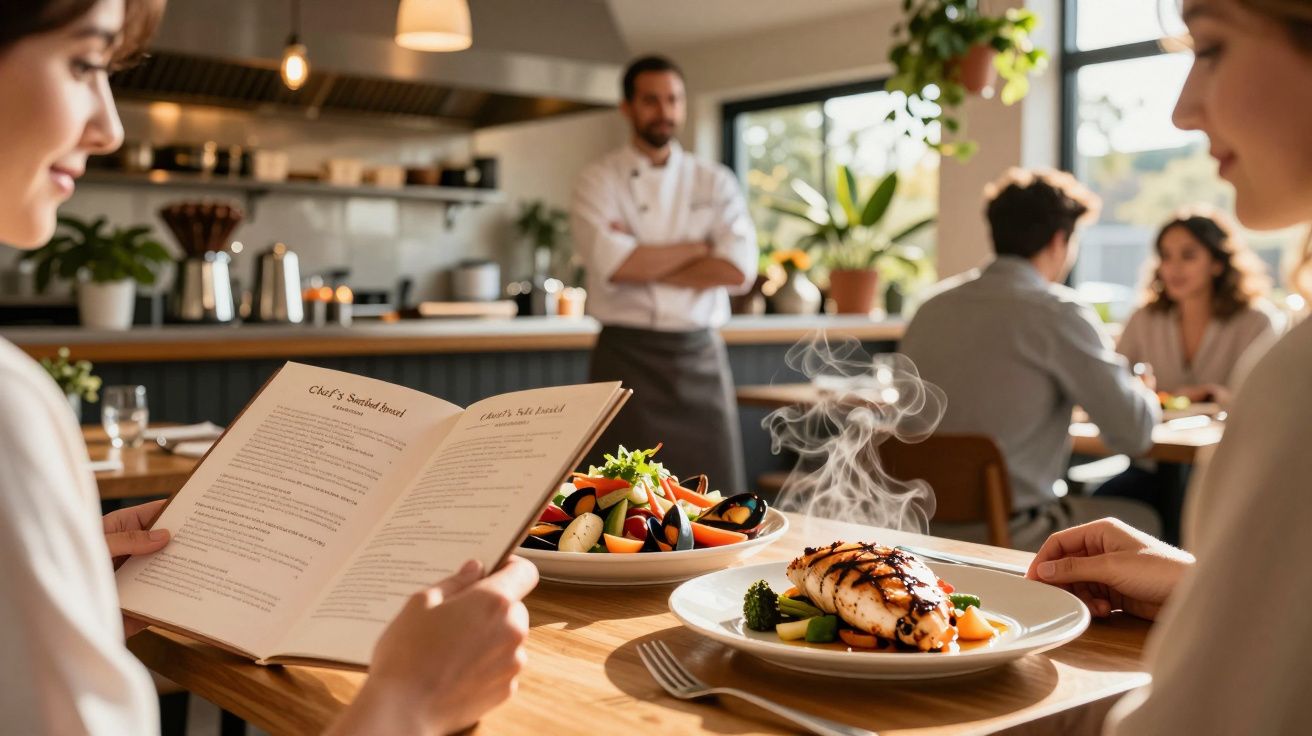 Duas mulheres num restaurante a olhar para o menu, com pratos quentes na mesa e um chef ao fundo.
